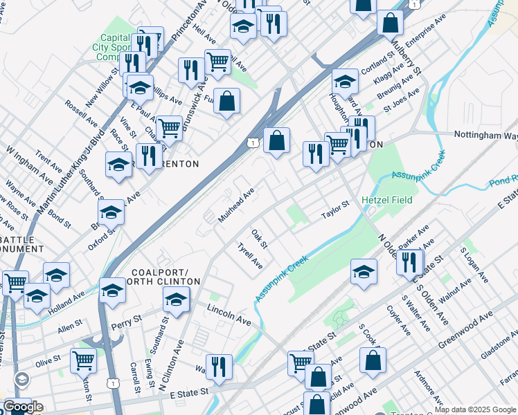 map of restaurants, bars, coffee shops, grocery stores, and more near 313 North Clinton Avenue in Trenton
