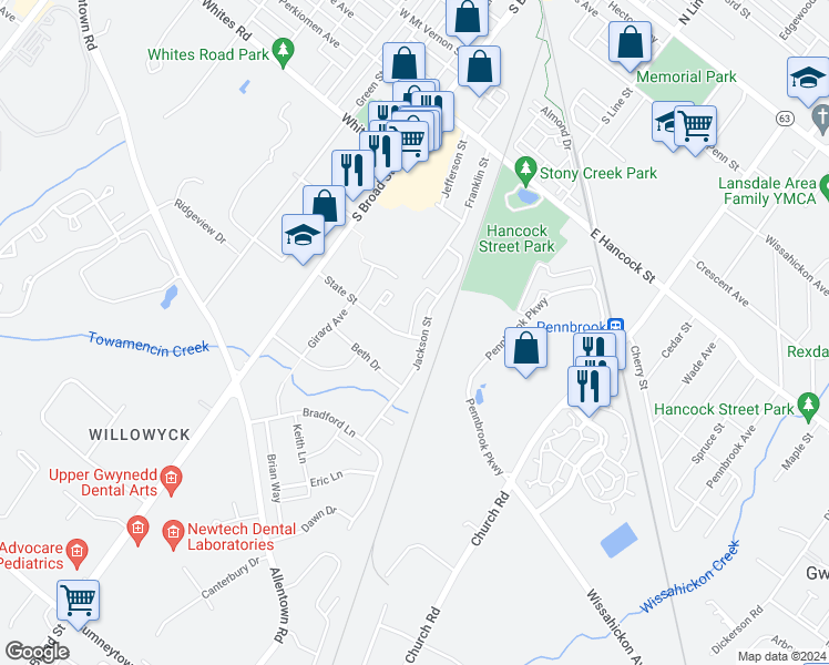 map of restaurants, bars, coffee shops, grocery stores, and more near 734 Jackson Street in Lansdale