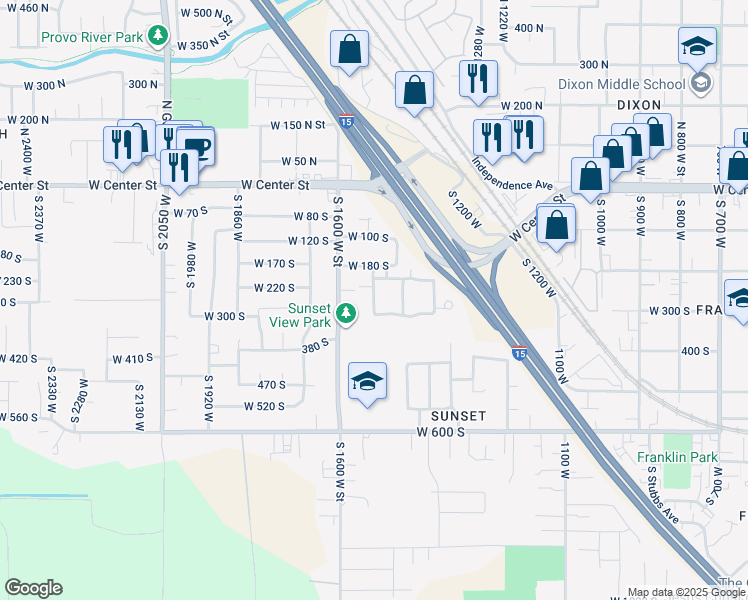 map of restaurants, bars, coffee shops, grocery stores, and more near 263 West Lane in Provo