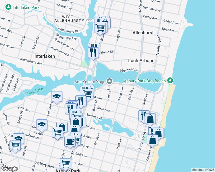 map of restaurants, bars, coffee shops, grocery stores, and more near 522 Deal Lake Drive in Asbury Park