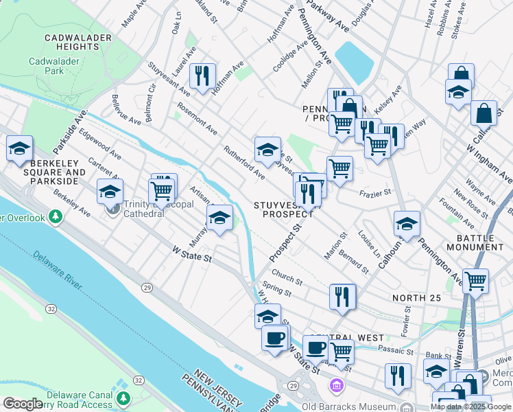 map of restaurants, bars, coffee shops, grocery stores, and more near 466 Bellevue Avenue in Trenton
