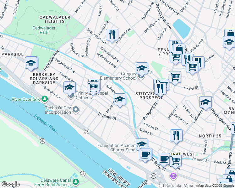 map of restaurants, bars, coffee shops, grocery stores, and more near 615 Artisan Street in Trenton