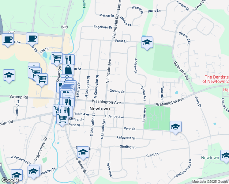 map of restaurants, bars, coffee shops, grocery stores, and more near 24 Maple Avenue in Newtown