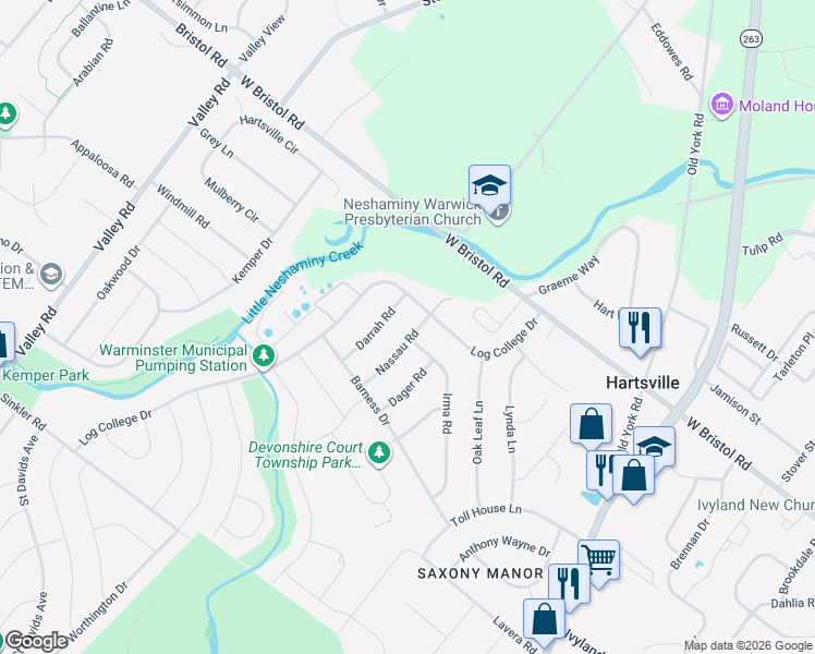 map of restaurants, bars, coffee shops, grocery stores, and more near 1205 Nassau Road in Warminster