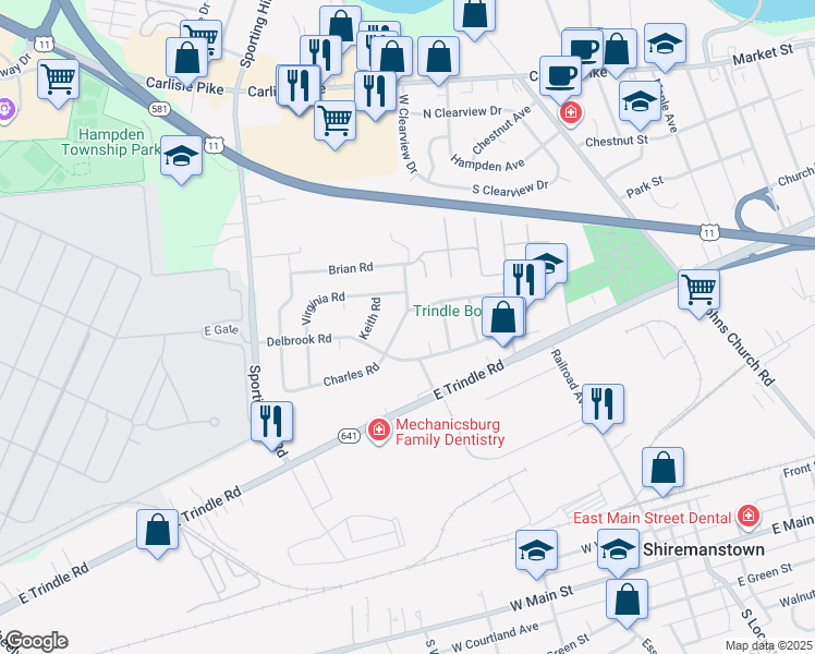 map of restaurants, bars, coffee shops, grocery stores, and more near 4800 Charles Road in Mechanicsburg