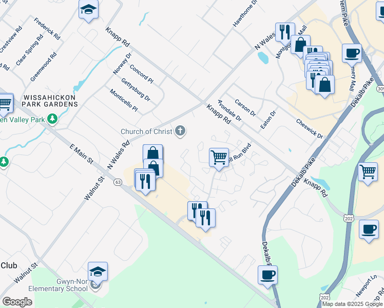map of restaurants, bars, coffee shops, grocery stores, and more near 3008 Maryanne's Court in North Wales