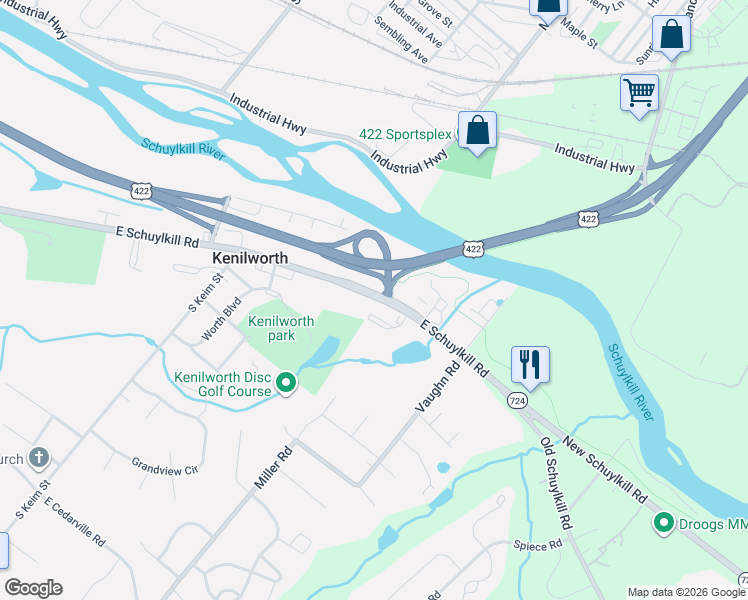 map of restaurants, bars, coffee shops, grocery stores, and more near 1400 East Schuylkill Road in Pottstown