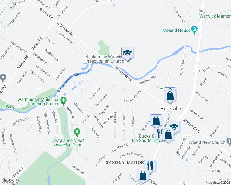 map of restaurants, bars, coffee shops, grocery stores, and more near 1188 Log College Drive in Warminster