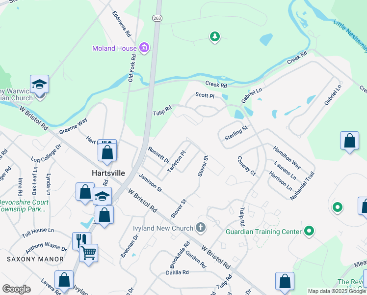 map of restaurants, bars, coffee shops, grocery stores, and more near 1546 Tarleton Place in Warminster