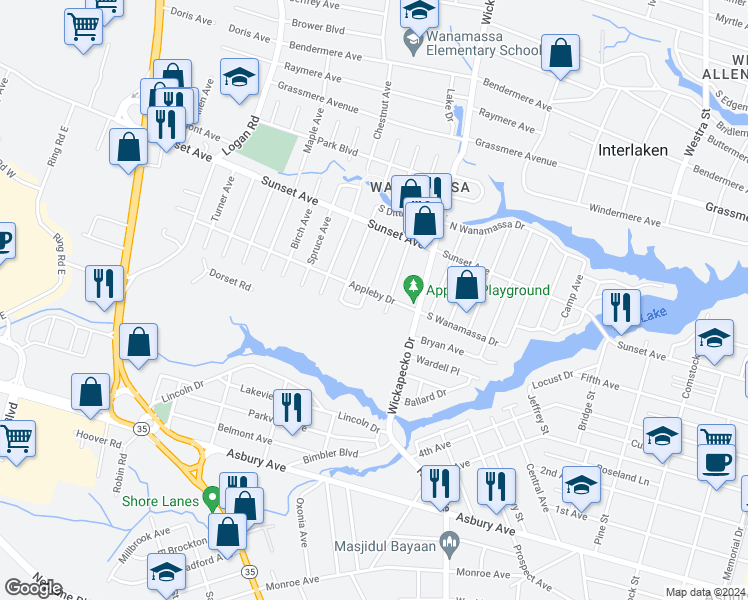 map of restaurants, bars, coffee shops, grocery stores, and more near 2204 Appleby Drive in Wanamassa