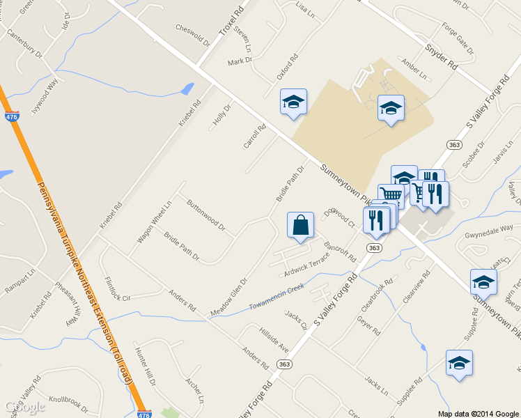 map of restaurants, bars, coffee shops, grocery stores, and more near 1590 Bridle Path Dr in Lansdale