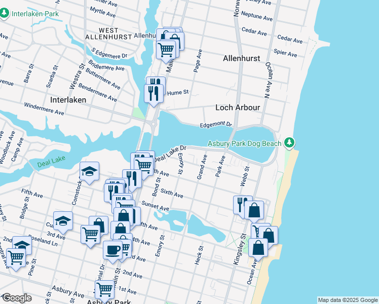 map of restaurants, bars, coffee shops, grocery stores, and more near 510 Deal Lake Drive in Asbury Park