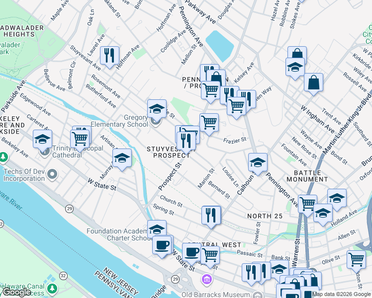 map of restaurants, bars, coffee shops, grocery stores, and more near 404 Rutherford Avenue in Trenton