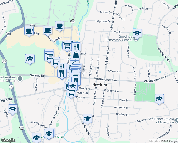 map of restaurants, bars, coffee shops, grocery stores, and more near 25 North Congress Street in Newtown