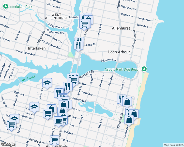 map of restaurants, bars, coffee shops, grocery stores, and more near 522 Deal Lake Drive in Asbury Park