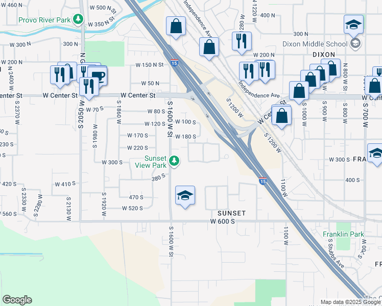 map of restaurants, bars, coffee shops, grocery stores, and more near 249 West Lane in Provo