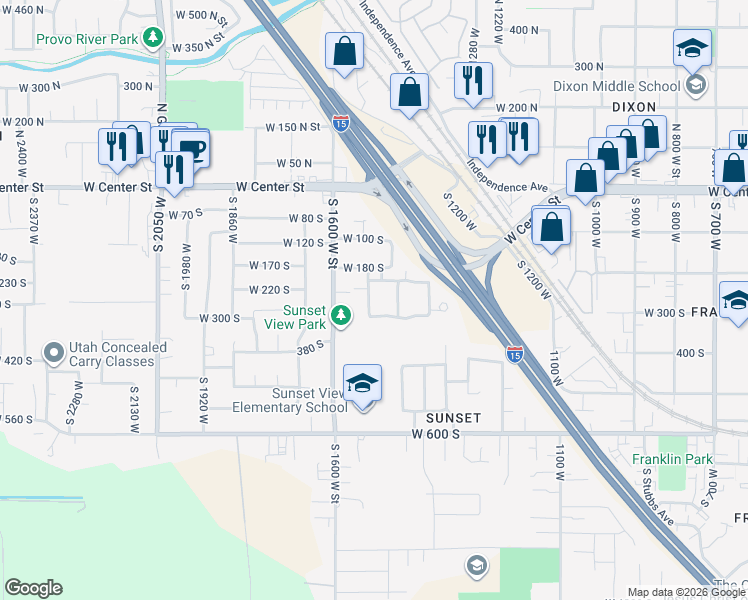 map of restaurants, bars, coffee shops, grocery stores, and more near 263 West Lane in Provo