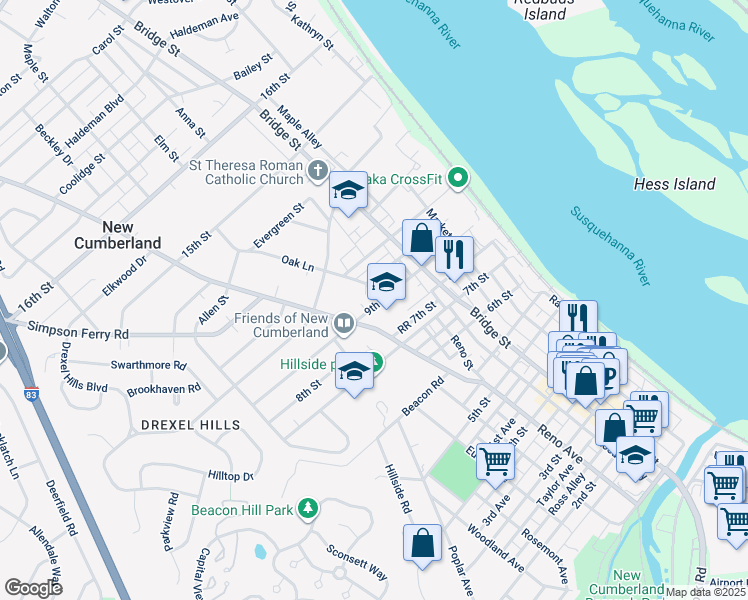 map of restaurants, bars, coffee shops, grocery stores, and more near 403 9th Street in New Cumberland