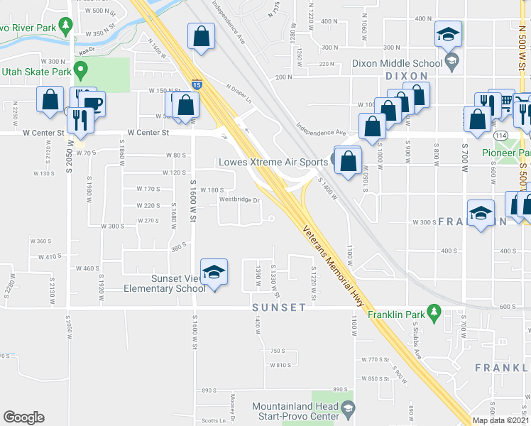 map of restaurants, bars, coffee shops, grocery stores, and more near 243 Parkside Place in Provo