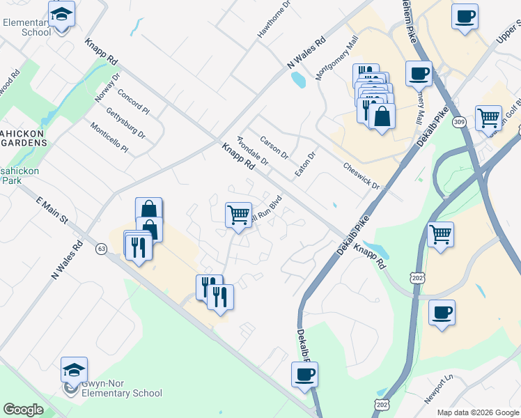 map of restaurants, bars, coffee shops, grocery stores, and more near 5601 Constitution Court in North Wales