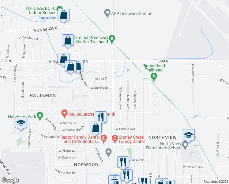 map of restaurants, bars, coffee shops, grocery stores, and more near 4504 North Rosewood Avenue in Muncie