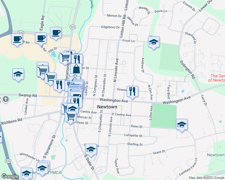 map of restaurants, bars, coffee shops, grocery stores, and more near 32 North Lincoln Avenue in Newtown