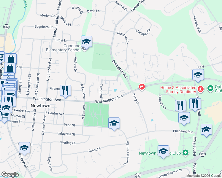 map of restaurants, bars, coffee shops, grocery stores, and more near 203 Jenks Alley in Newtown