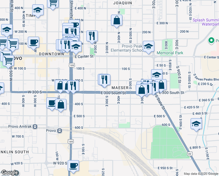 map of restaurants, bars, coffee shops, grocery stores, and more near 261 South 300 East in Provo