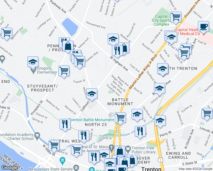 map of restaurants, bars, coffee shops, grocery stores, and more near 141 Fountain Avenue in Trenton
