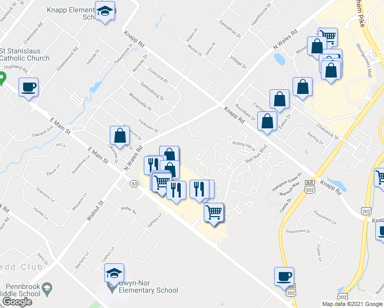 map of restaurants, bars, coffee shops, grocery stores, and more near 2707 Maryanne's Court in North Wales