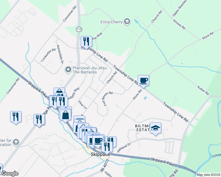 map of restaurants, bars, coffee shops, grocery stores, and more near 2097 Fort Bevon Road in Harleysville
