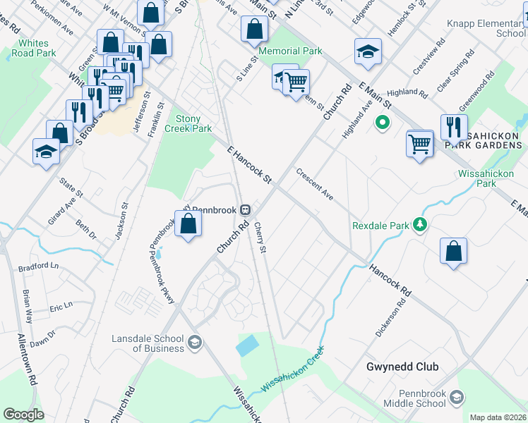 map of restaurants, bars, coffee shops, grocery stores, and more near 443 Church Road in Lansdale