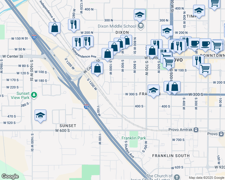map of restaurants, bars, coffee shops, grocery stores, and more near 283 South 1050 West in Provo