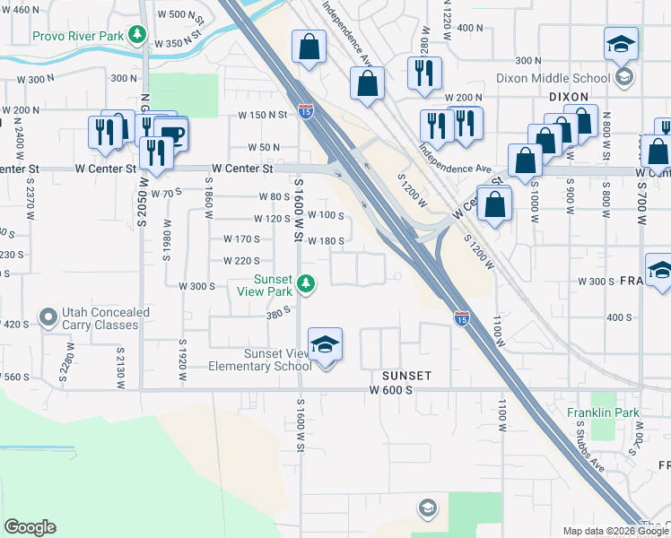 map of restaurants, bars, coffee shops, grocery stores, and more near 263 West Lane in Provo