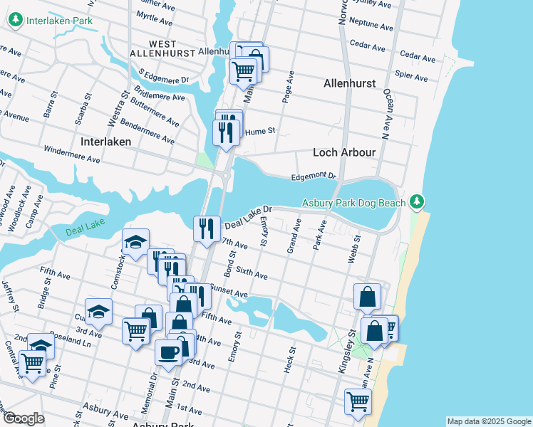 map of restaurants, bars, coffee shops, grocery stores, and more near 522 Deal Lake Drive in Asbury Park