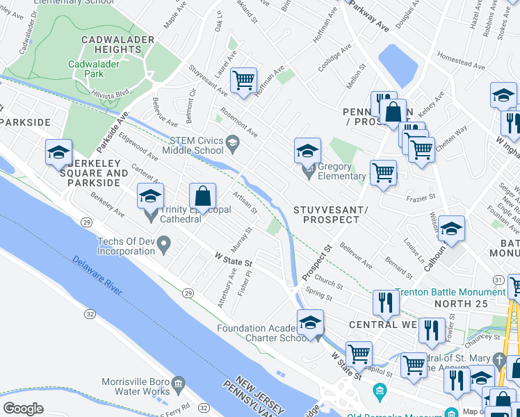 map of restaurants, bars, coffee shops, grocery stores, and more near 615 Artisan Street in Trenton