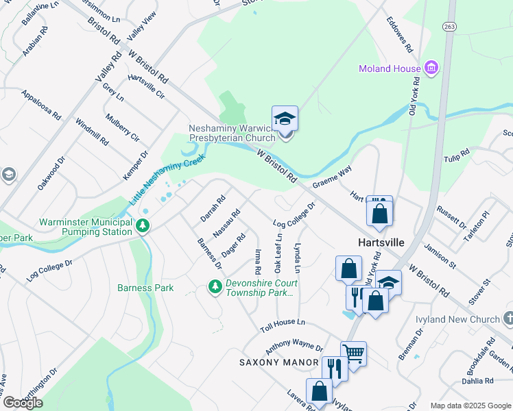 map of restaurants, bars, coffee shops, grocery stores, and more near 1188 Log College Drive in Warminster