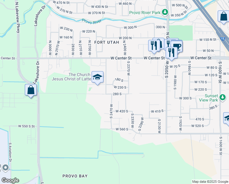 map of restaurants, bars, coffee shops, grocery stores, and more near 2454 280 South in Provo