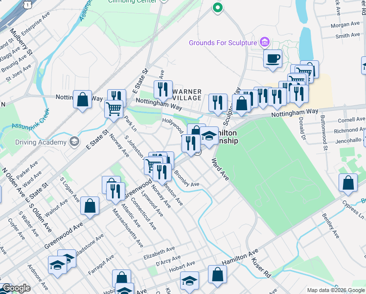 map of restaurants, bars, coffee shops, grocery stores, and more near 2000 Greenwood Avenue in Hamilton Township