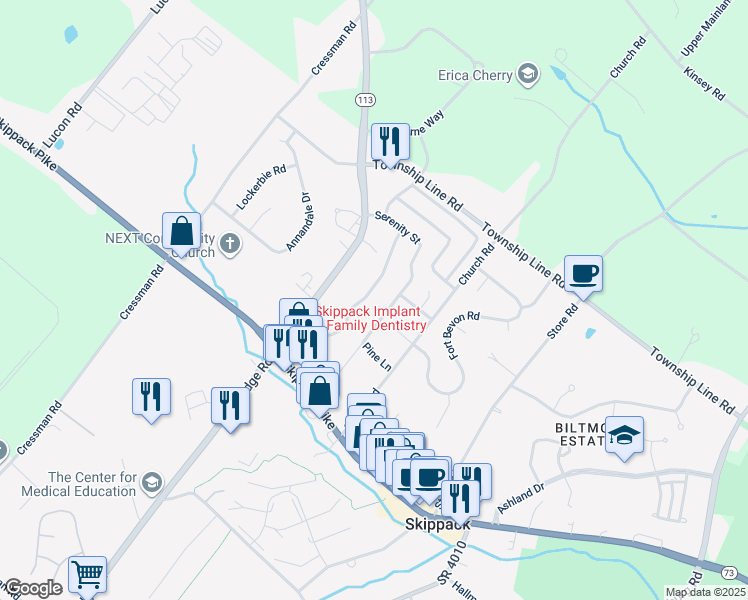 map of restaurants, bars, coffee shops, grocery stores, and more near 2036 Serendipity Way in Schwenksville