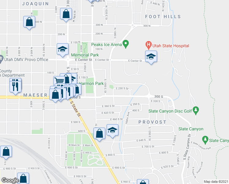 map of restaurants, bars, coffee shops, grocery stores, and more near 263 South 1060 East in Provo