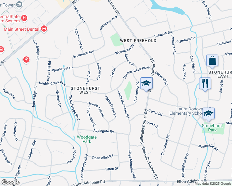 map of restaurants, bars, coffee shops, grocery stores, and more near 273 Kings Mountain Road in Freehold