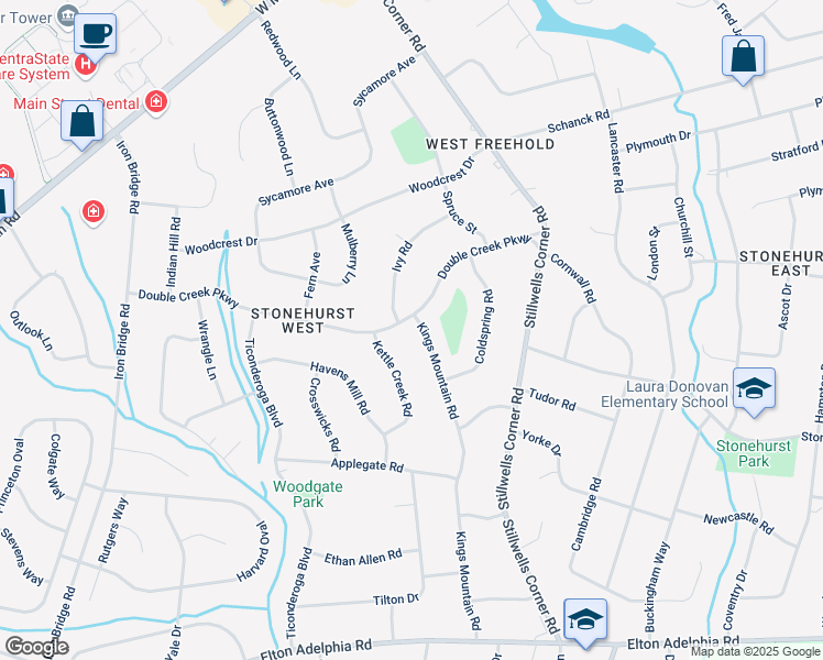 map of restaurants, bars, coffee shops, grocery stores, and more near 273 Kings Mountain Road in Freehold