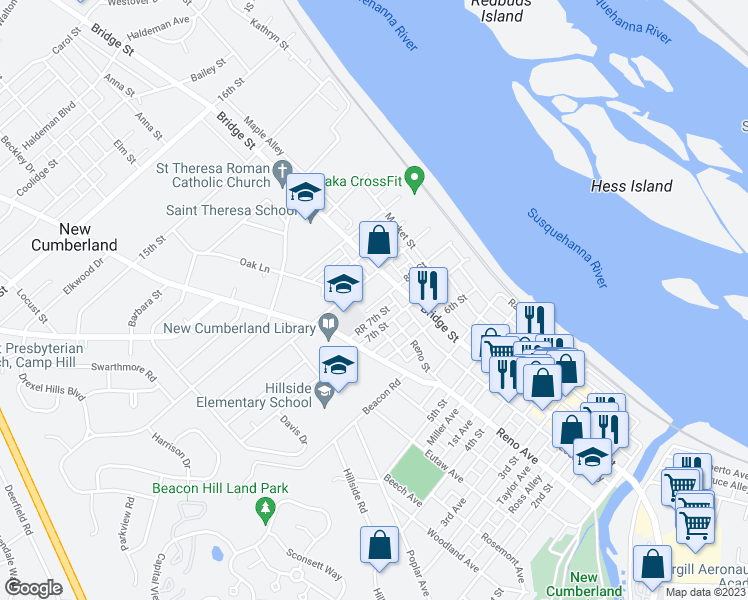 map of restaurants, bars, coffee shops, grocery stores, and more near 317 8th Street in New Cumberland
