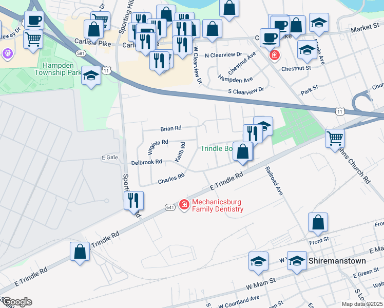 map of restaurants, bars, coffee shops, grocery stores, and more near 4805 Charles Road in Mechanicsburg