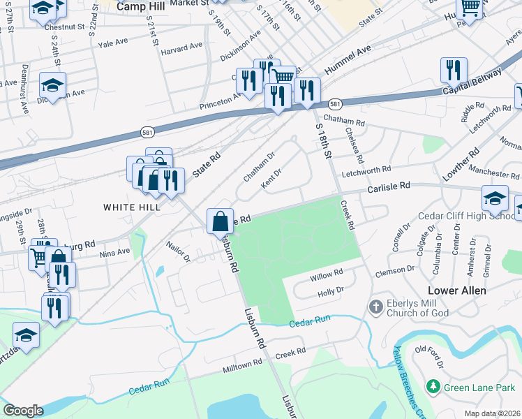 map of restaurants, bars, coffee shops, grocery stores, and more near 1922 Carlisle Road in Camp Hill
