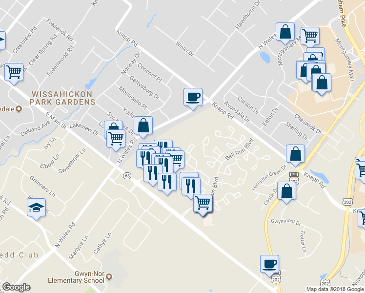 map of restaurants, bars, coffee shops, grocery stores, and more near 2706 Maryanne's Court in North Wales