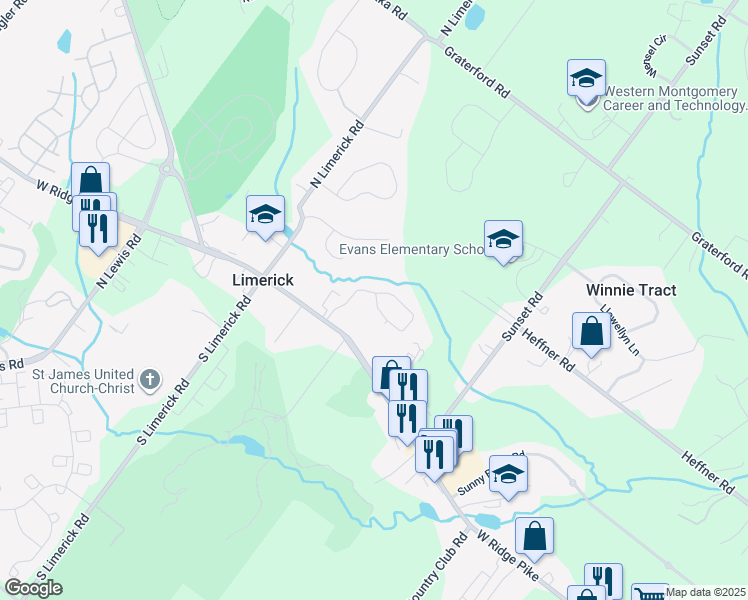 map of restaurants, bars, coffee shops, grocery stores, and more near 1107 Moscariello Lane in Royersford