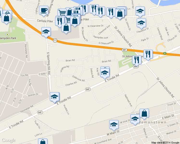 map of restaurants, bars, coffee shops, grocery stores, and more near 304 Debra Road in Mechanicsburg