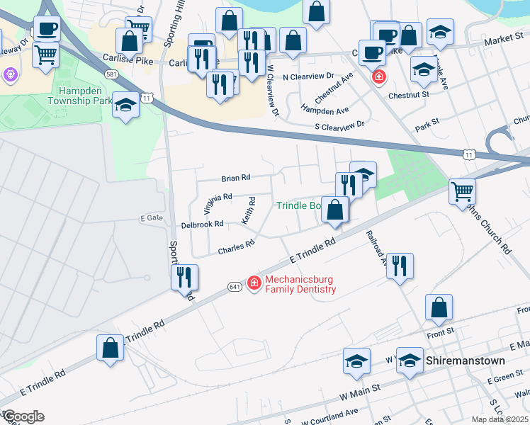 map of restaurants, bars, coffee shops, grocery stores, and more near 4805 Charles Road in Mechanicsburg